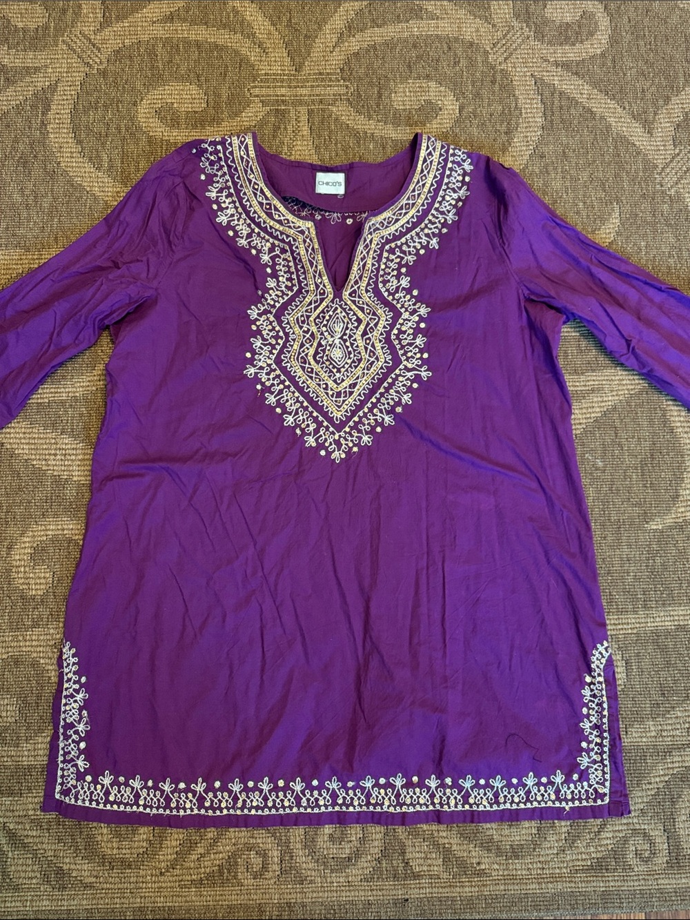 Chico's Purple Tunic Cream and gold Embroidery women’s XL swim coverup